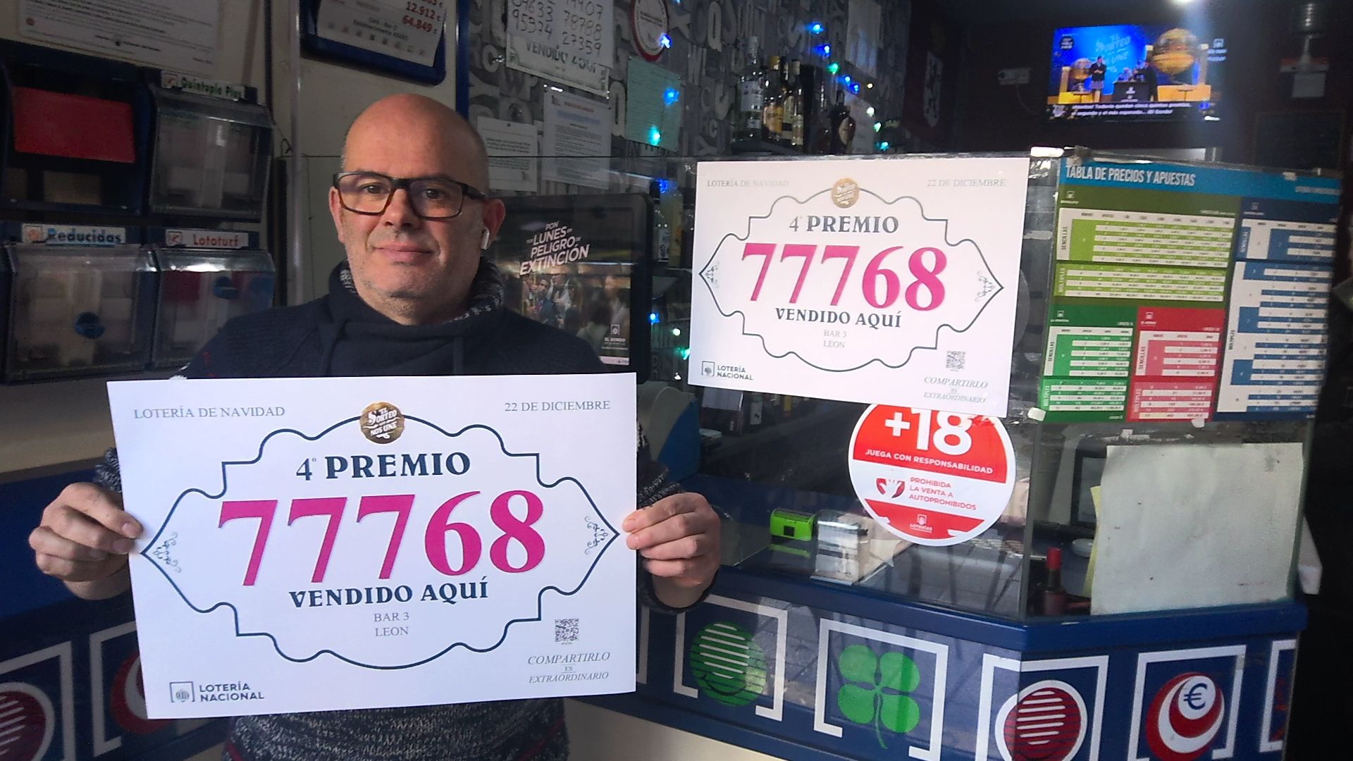 Cuarto Premio: 77768. Un décimo ha sido vendido en el Punto de Venta Mixto 45.695 de la capital leonesa «Bar 3«, situado en la Avenida Mariano Andrés.