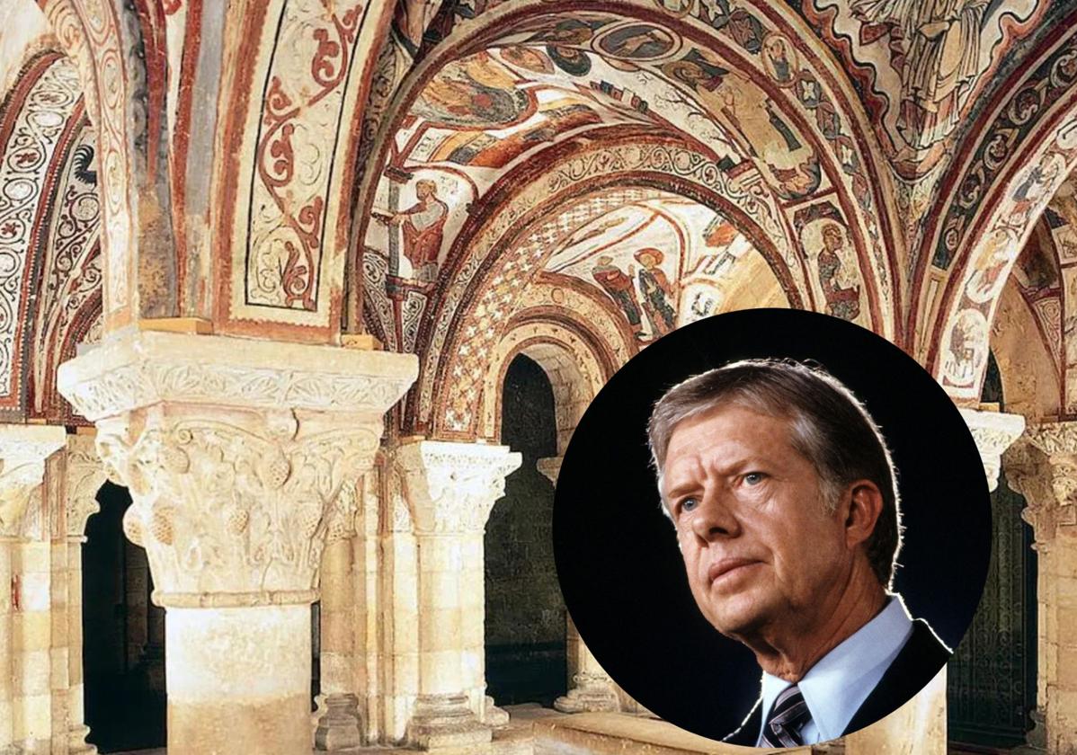 El Panteón de los Reyes de San Isidoro y, en pequeño, el expresidente Jimmy Carter.