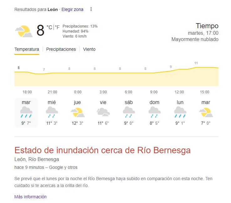 Alerta de Google al buscar las predicciones del tiempo de León.