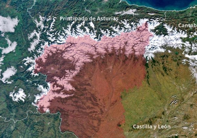 Sombreado, en rojo, la región leonesa, zona más nevada de la Cordillera.