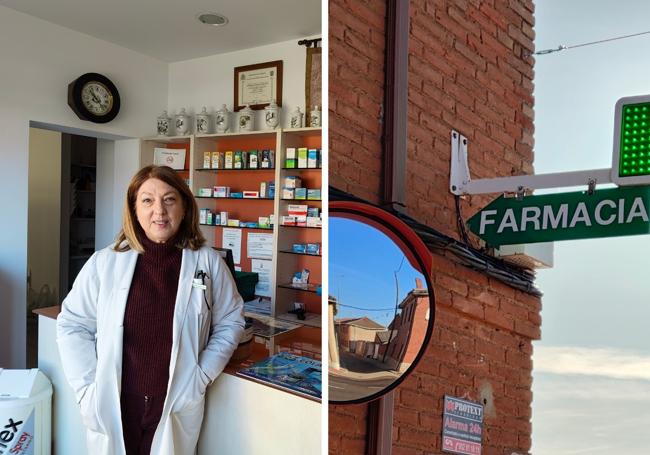 Camino en su farmacia en Santas Martas y el cartel que la señala, a menos conductores que hace siete años, junto a la carretera N-601.