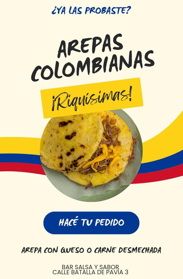 Cartel de arepas colombianas en Salsa y Sabor