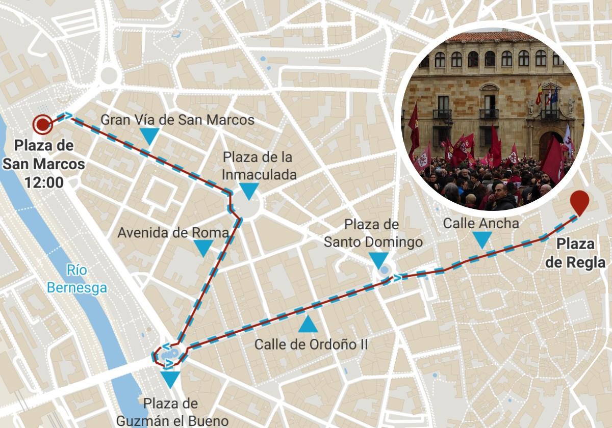 El mapa con el recorrido de la manifestación y una imagen de la protesta de 2020 enfilando la Calle Ancha.