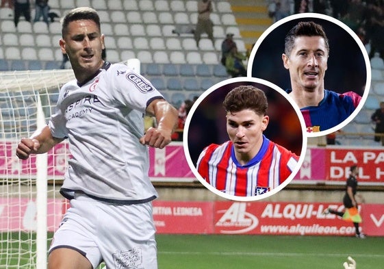 Manu Justo celebra un gol. En las imágenes anexas: Julián Álvarez (Atlético) y Lewandowski (Barcelona).