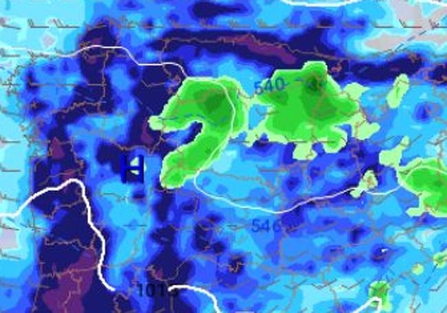 Precipitación prevista acumulada para las últimas seis horas del Miércoles Santo (cuando más oscuro el azul, más cantidad; el verde indica nieve).