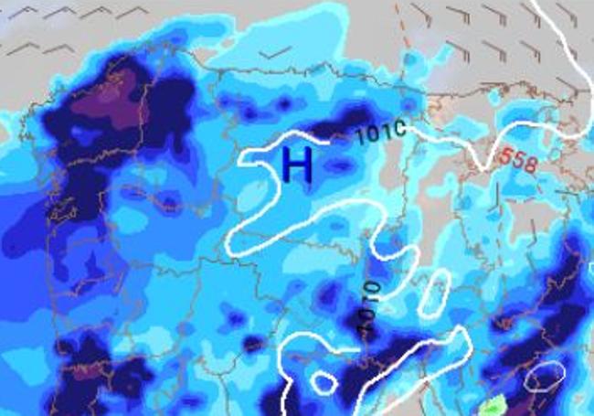 Precipitación prevista acumulada para las últimas seis horas del Viernes de Dolores (cuanto más oscuro el azul, más cantidad).