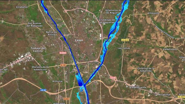 Imagen después - El Bernesga y el Torio en sus mapas de riesgo tomando como base 10 o 500 años.