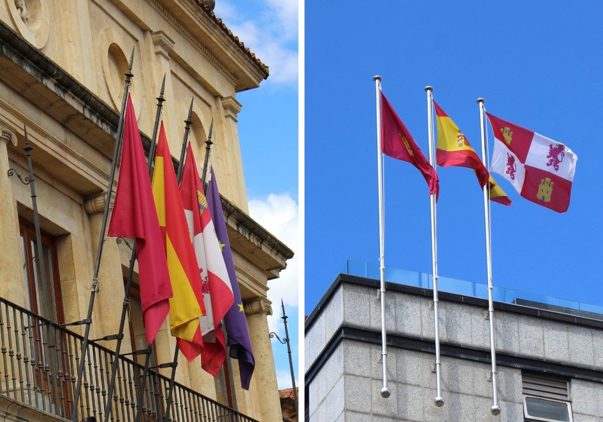 Los edificios del consistorio en San Marcelo y Ordoño II, con la bandera de Castilla y León a la izquierda de la española.