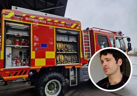 Uno de los vehículos de Bomberos de León. En la imagen anexa, el sargento del Sepeis de Bomberos de León, David García.