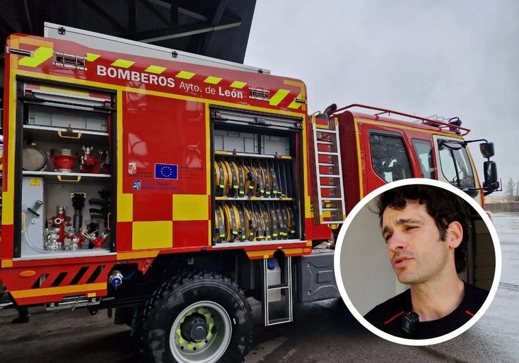 Uno de los vehículos de Bomberos de León. En la imagen anexa, el sargento del Sepeis de Bomberos de León, David García.