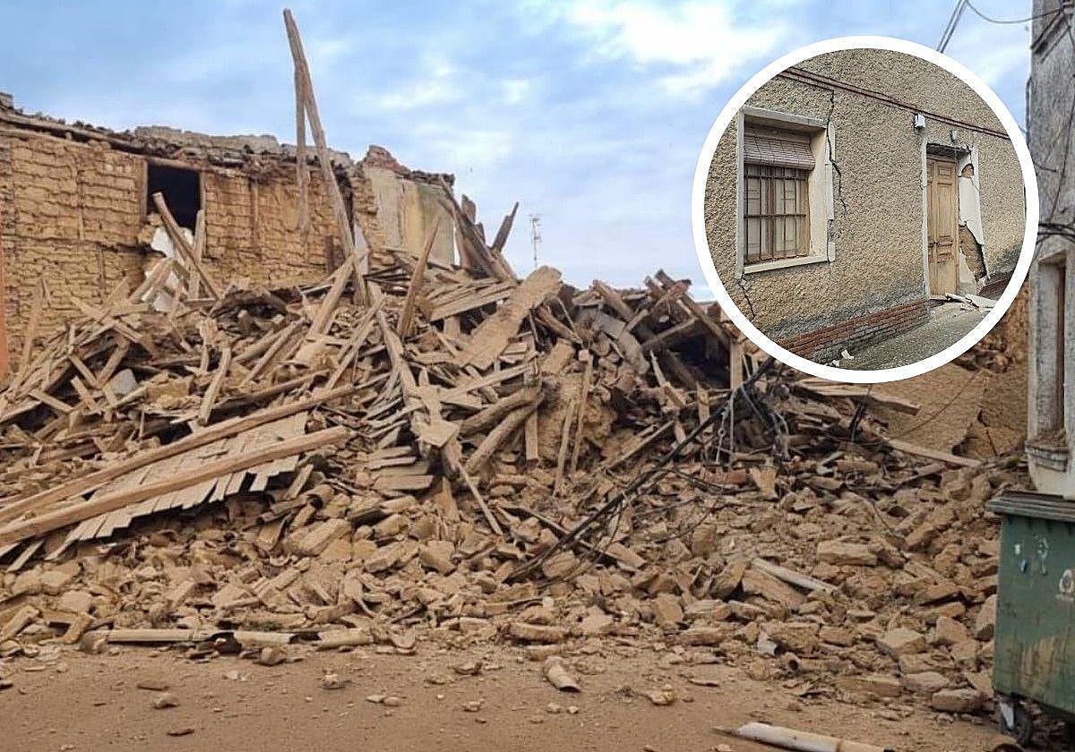 Derrumbe de una vivienda en San Pedro de Dueñas. En pequeño, las grietas que presentaba desde hace meses.