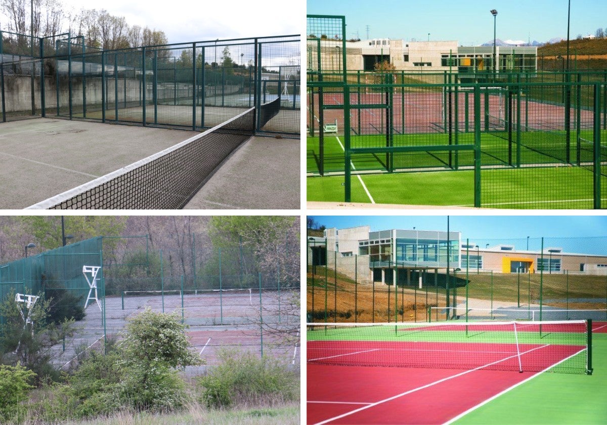Estado actual de las pistas de pádel y tenis (a la izquierda) y en sus primeros años (a la derecha).