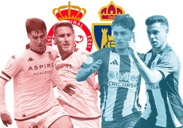 Álvaro Martínez y Manu Justo, jugadores de la Cultural, en la parte izquierda; Yeray y Bustos, jugadores de la Ponferradina, en la parte derecha.