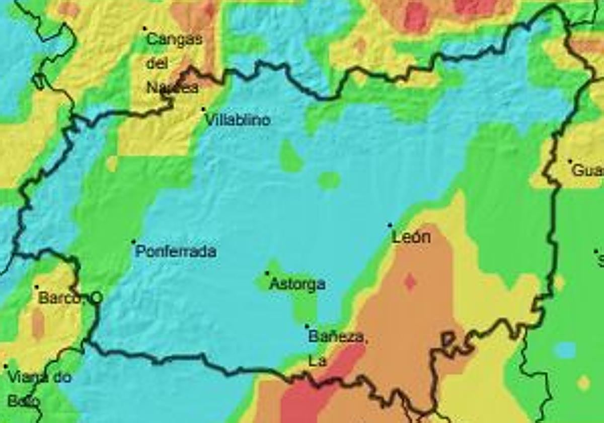 Imagen principal - Mapa de riesgo de incendios, en rojo extremo y naranja alto, para viernes, sábado y domingo.