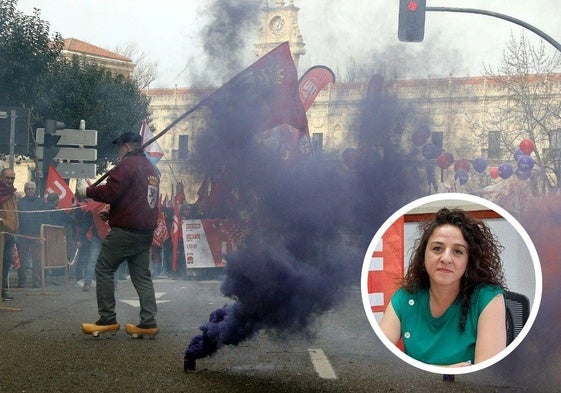 Imagen de la manifestación del 16F en León y, en pequeño, Elena Blasco Martín.