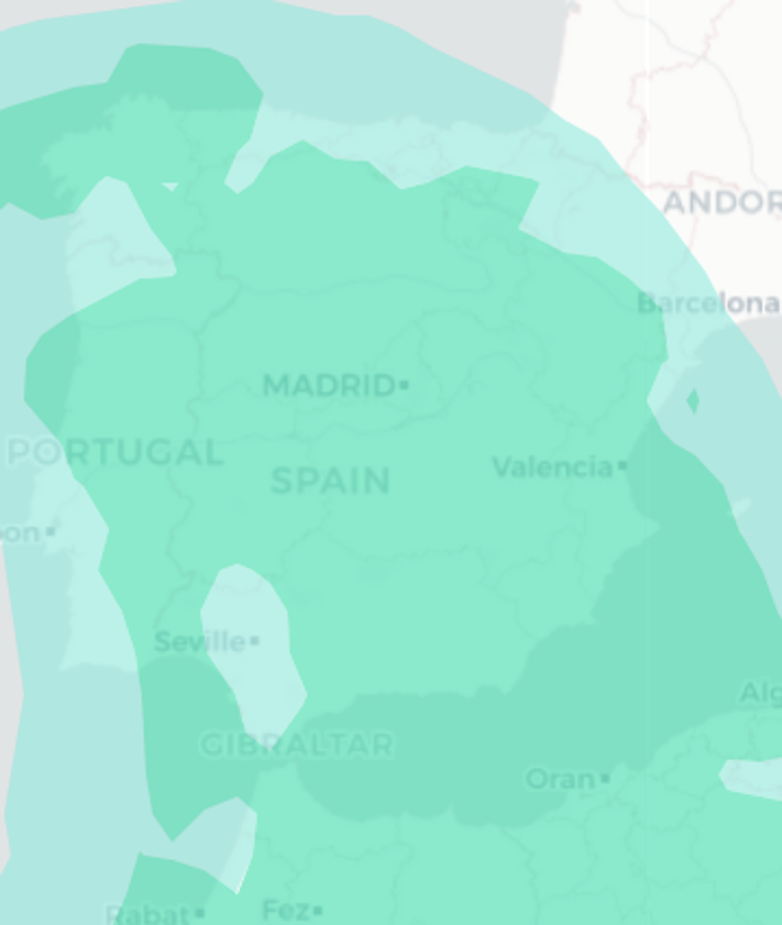 Imagen secundaria 2 - El modelo del Barcelona Dust Regional Center para el miércoles 9 de junio a las 18:00 mostrando la entrada de partículas de polvo en toda la provincia y España.