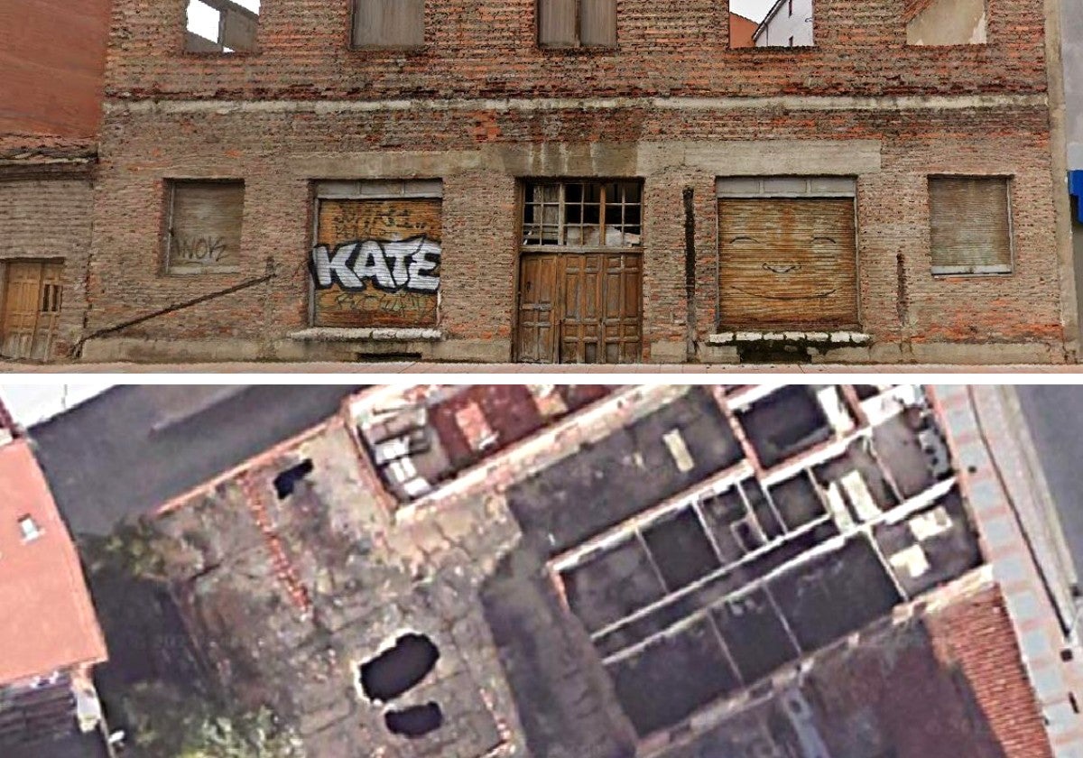 El exterior del edificio de Bodegas Armando con la puerta cerrada en octubre de 2024 (arriba); y una vista aérea reciente de su estado.