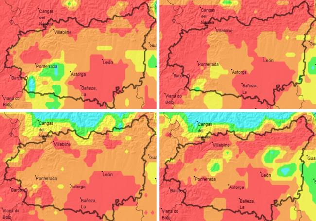 Mapa de riesgo de incendios en León desde el lunes 30 de junio al jueves 3 de julio (de izquierda a derecha y de arriba a abajo). En rojo, riesgo extremo; naranja, alto; y amarillo, moderado.