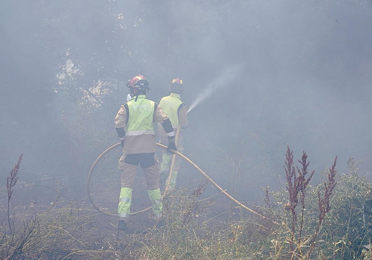 Bomberos trabajando para sofocar el fuego declarado junto a la Escuela de Ingeniería Agraria y Forestal de León.