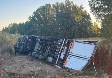 Herido el conductor de un camión volcado en un acceso a León