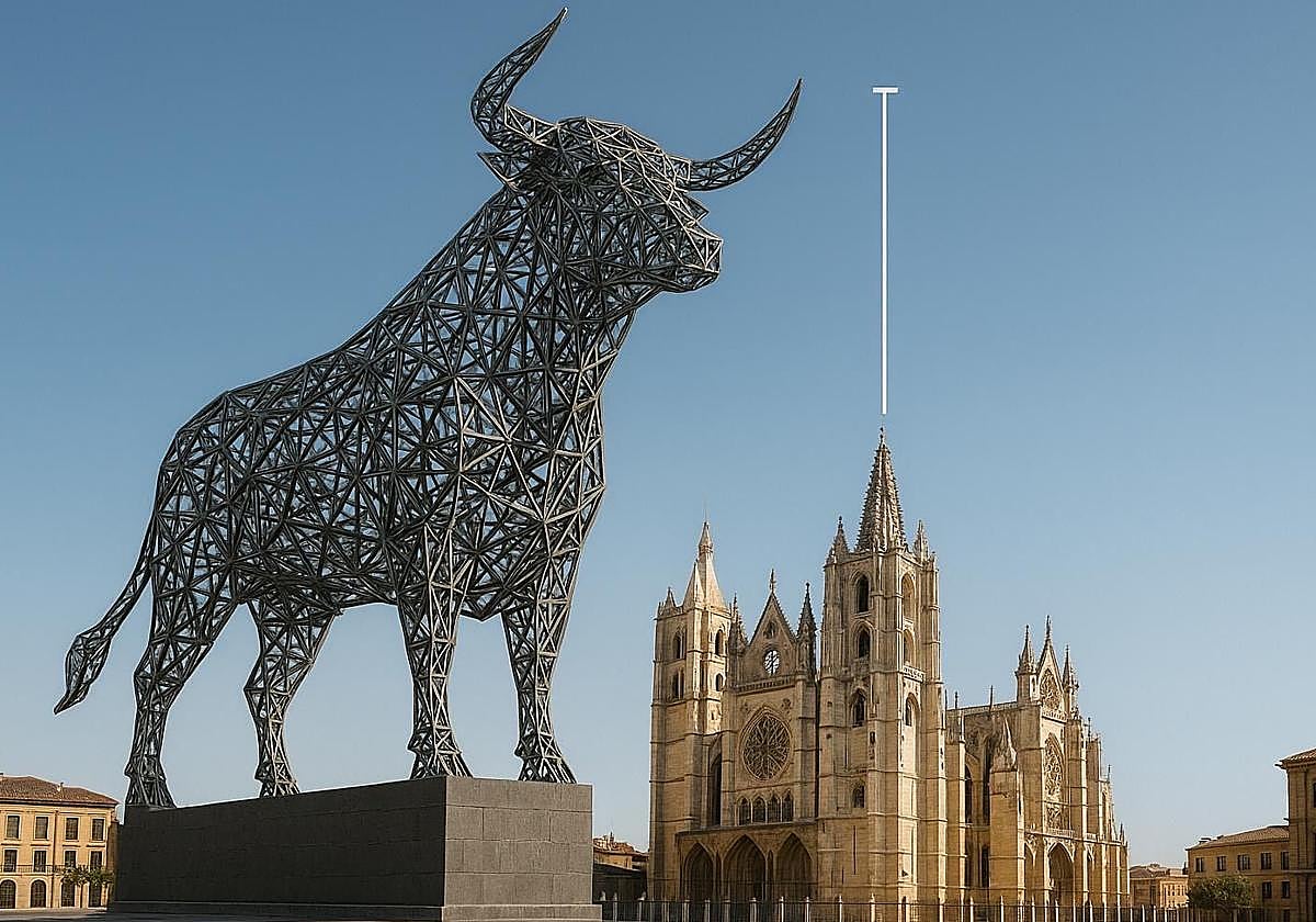 Imagen del toro metálico comparado con la catedral de León.