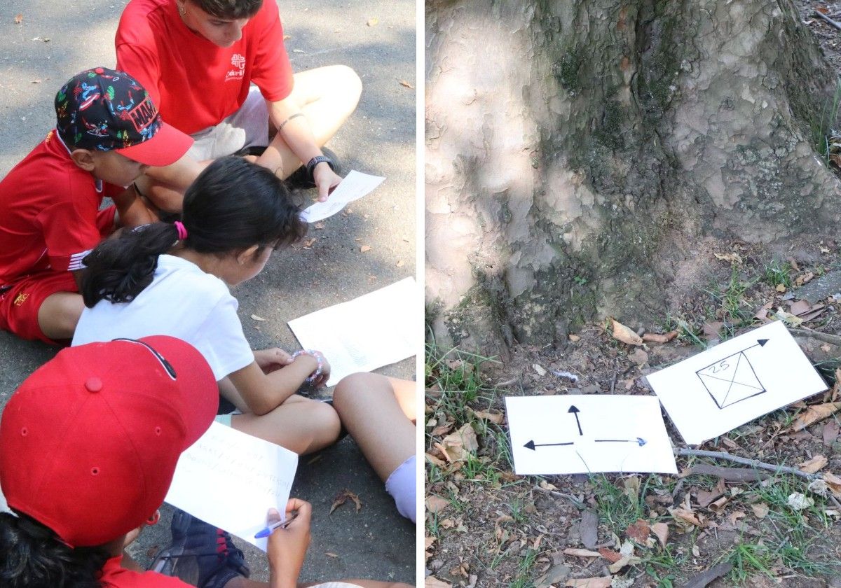 Imagen de los niños jugando con uno de los juegos planteados por los monitores de campamento e imagen de las pistas de la gymkana.