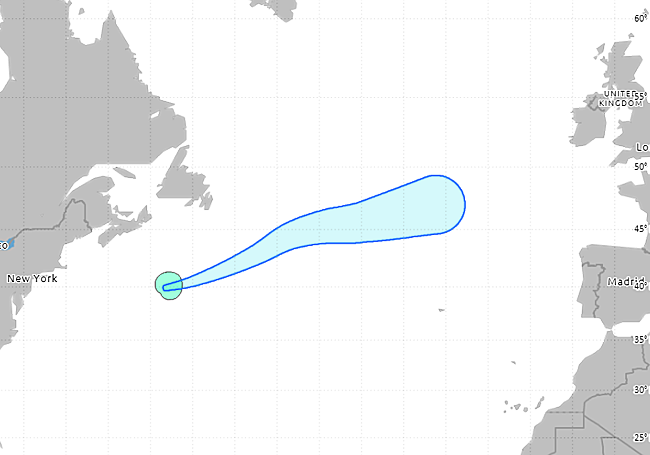 Situación de la tormenta tropical Dexter el miércoles y su desplazamiento previsto hasta desaparecer sobre el Atlántico.