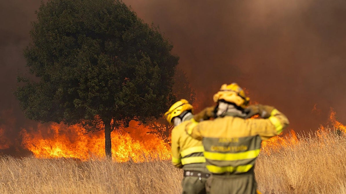 Bomberos trabajan para extinguir el incendio, a 10 de agosto de 2025, en Molezuelas de la Carballeda, Zamora.