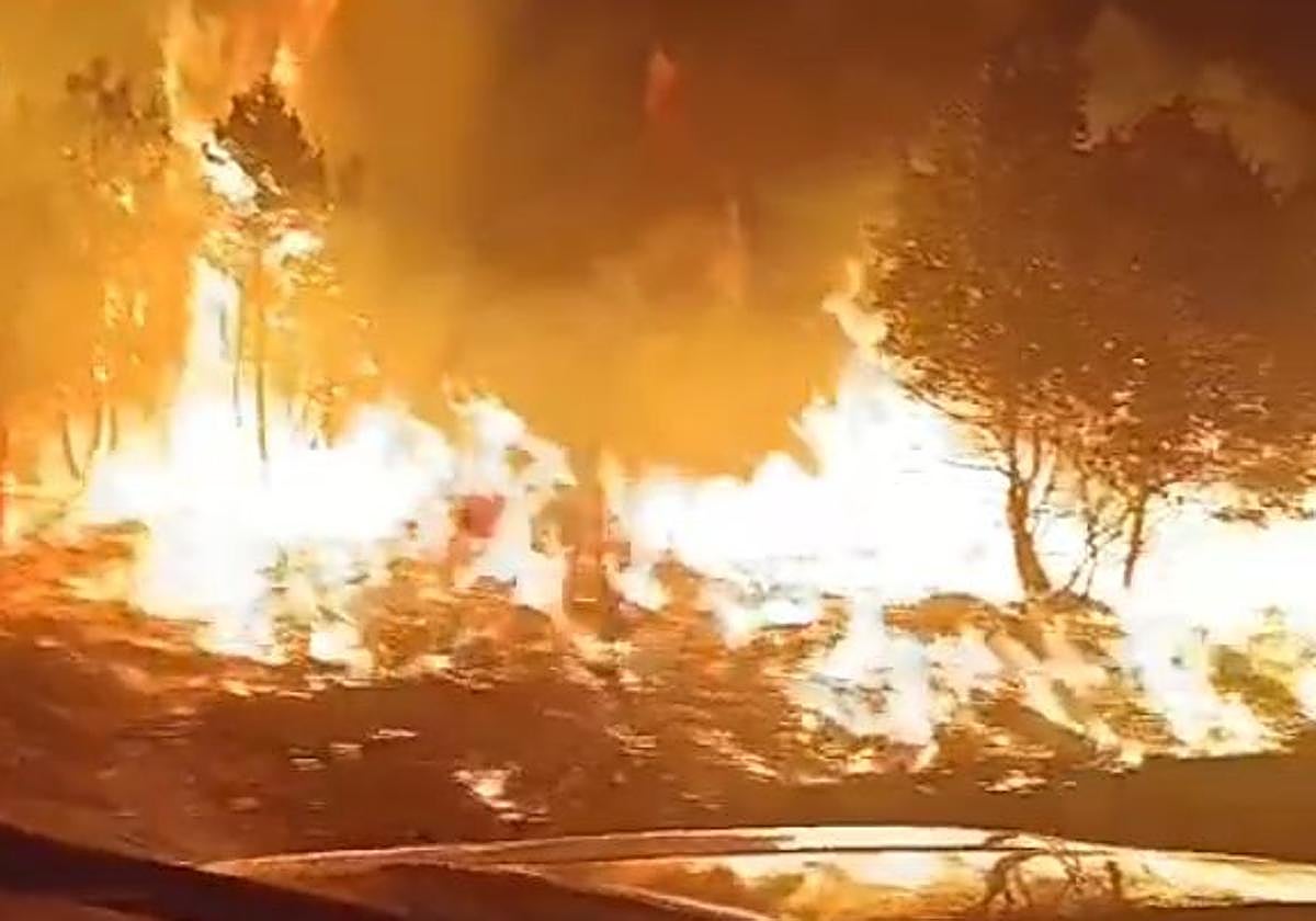 Una imagen del fuego en la carretera entre Pinilla de la Valdería y Nogarejas.
