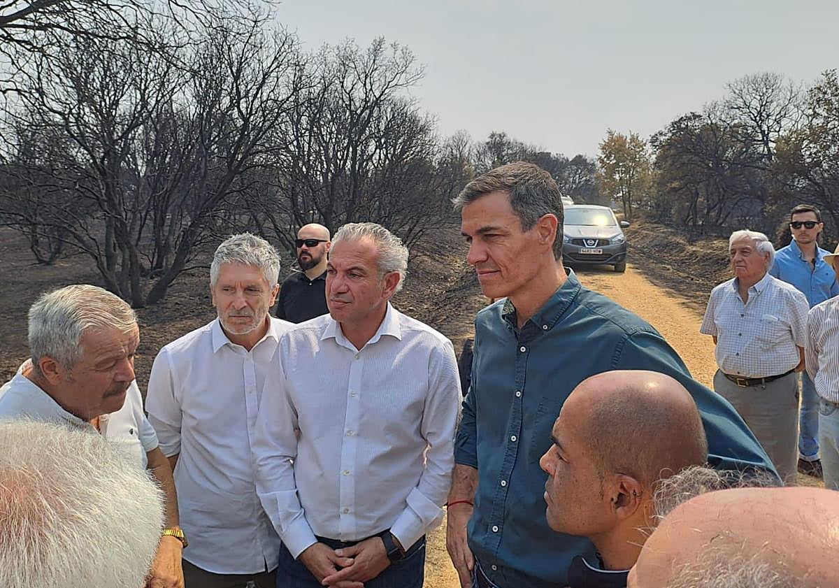 Imagen principal - Pedro Sánchez acompañado del ministro del Interior, el delegado del Gobierno en Castilla y León y el secretario general del PSOE en la Comunicad en Molezuelas de la Carballeda (Zamora).