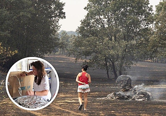 Una vecina pasea por un paisaje arrasado por el fuego de Canalejas. En pequeño, Sandra López en el albergue durante el operativo.