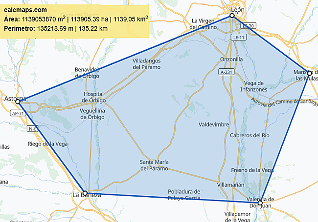 El área resultante de un pentágono entre León, Astorga, La Bañeza, Valencia de Don Juan y Mansilla de las Mulas es similar a toda la superficie quemada en la provincia entre el 8 y el 29 de agosto.