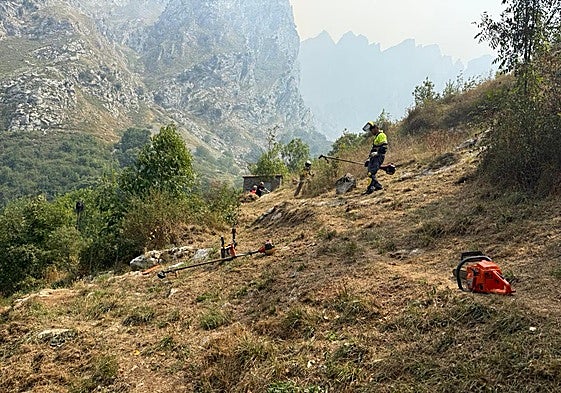 Vecinos de Caín desbrozando el perímetro del pueblo para evitar que el fuego llegara a sus casas.