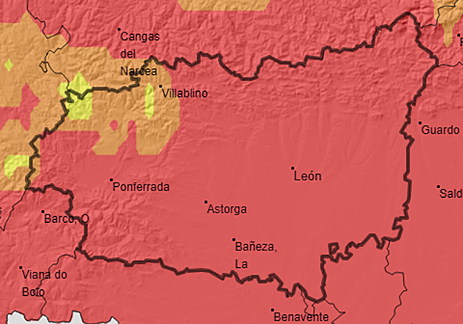 El mapa marca toda la provincia con riesgo moderado -amarillo-, alto -naranja- y, sobre todo, extremo -rojo-.