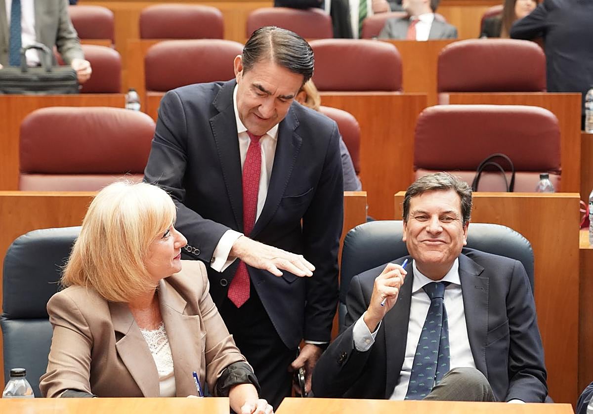 El consejero de Medio Ambiente, Vivienda y Ordenación del Territorio Juan Carlos Suárez-Quiñones conversa con la consejera de Industria Leticia García y el consejero de Economía y portavoz de la Junta Carlos Fernández Carriedo en el Pleno de las Cortes.