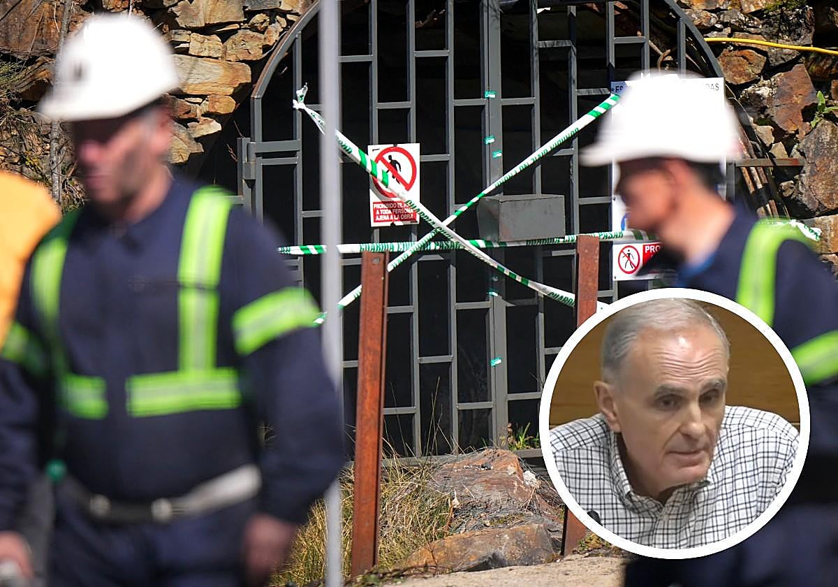 Mina de Cerredo tras el accidente del 31 de marzo. En pequeño, el jefe de sección de Seguridad Minera del Principado de Asturias, Alberto Quirino Vázquez.