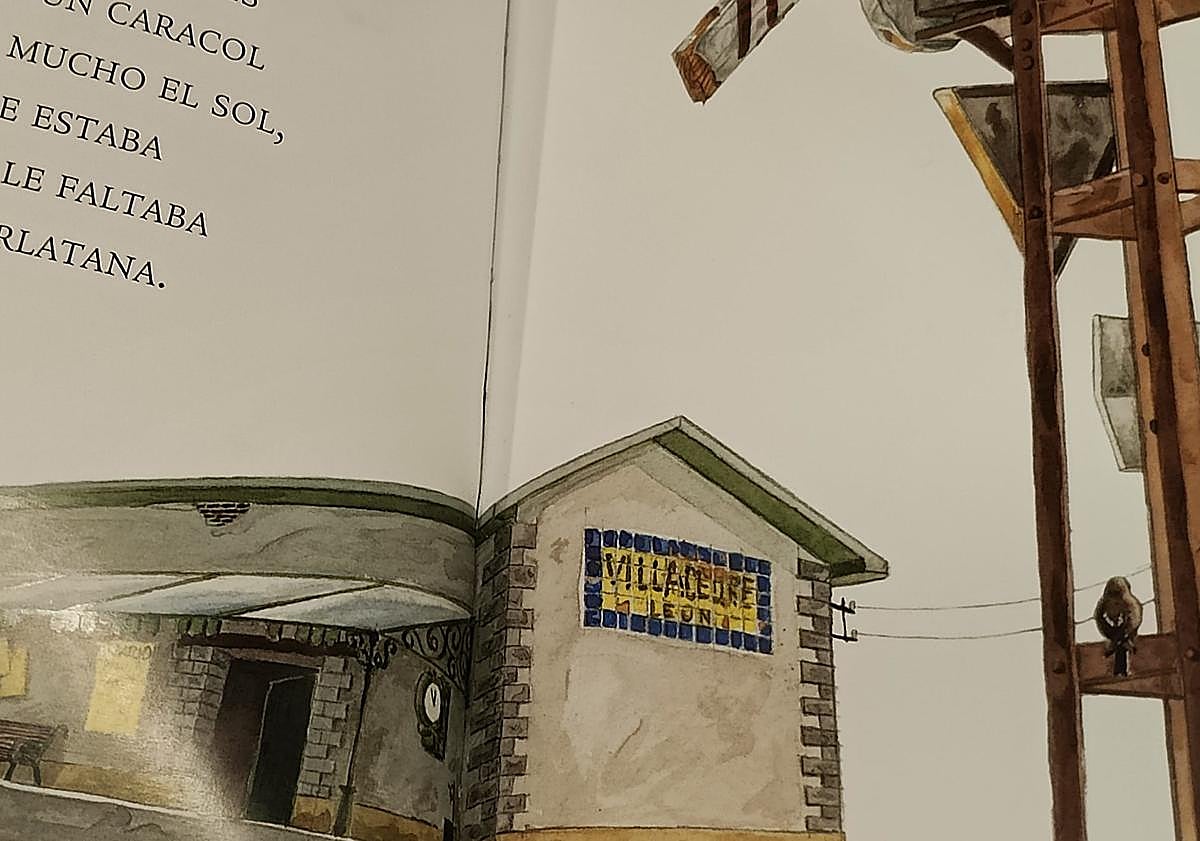 Imagen principal - Una ilustración de Joaquín Alegre recreando un apeadero en Villacedré; varios ejemplares de 'La oveja más parlanchina'; y Ana Merino posando en la librería de León 'El guardián de los libros'.