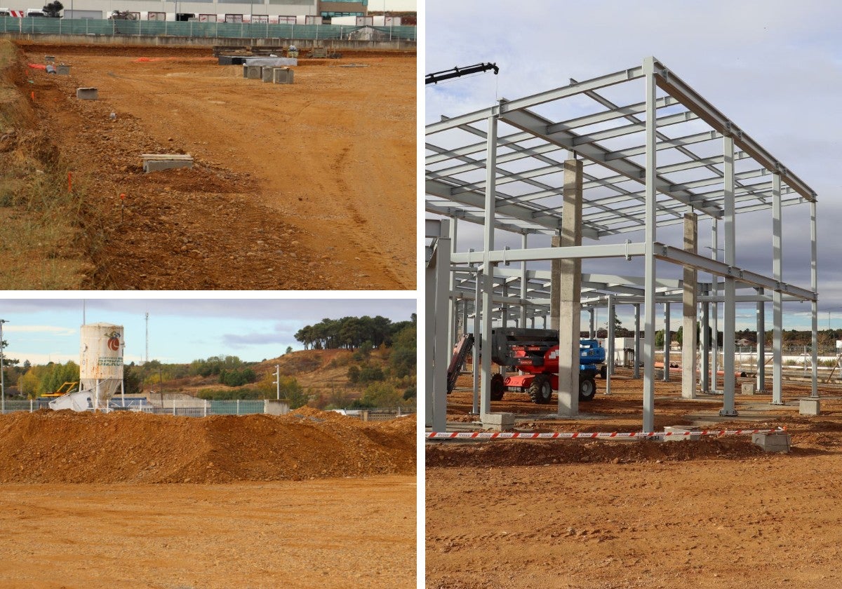 Dos detalles del terreno donde irán las pistas; y la estructura de la fachada del edificio.