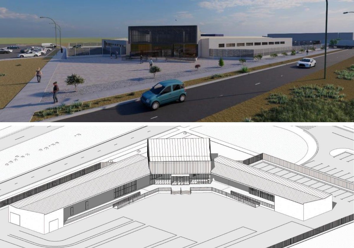 Recreación virtual del centro: arriba, fachada y acceso visto desde el frente; y. abajo, desde las pistas con el ala del aula y el archivo a la izquierda, y despachos y otras dependencias a la derecha.