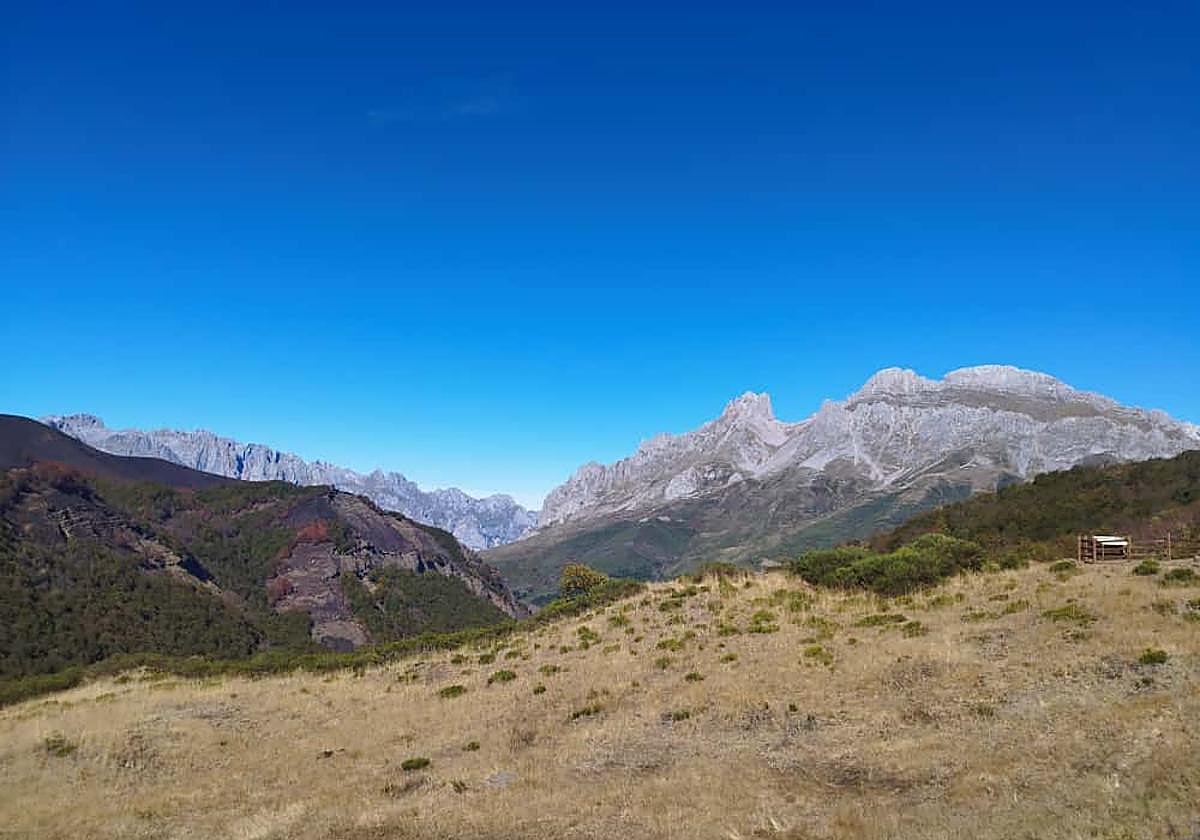 Los Picos de Europa, al fondo, y una ladera, a la derecha, tras uno de los incendios de este verano en León.