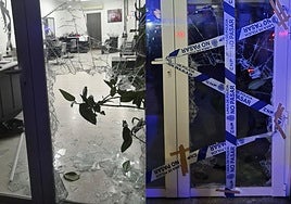 Puerta del local violentada por la que accedió el detenido.