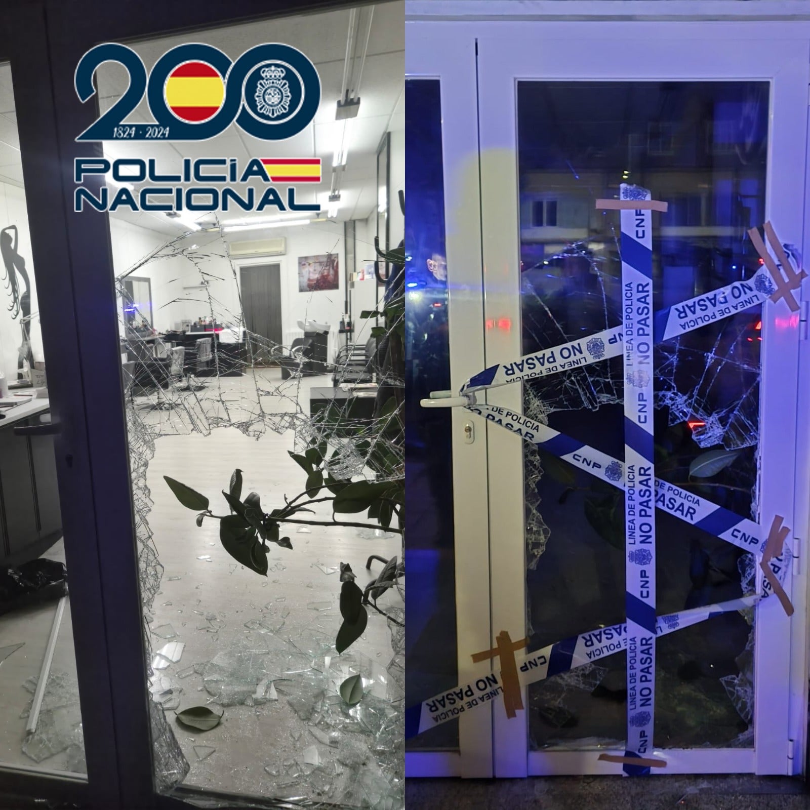 Puerta del local violentada por la que accedió el detenido.