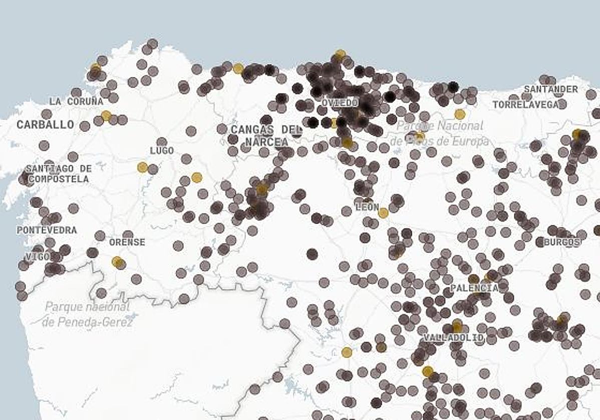 Mapa del noroeste de España con las fosas comunes localizadas.