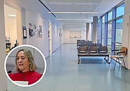 Sala de espera del centro de salud; en pequeño, la paciente María Luisa Fernández.
