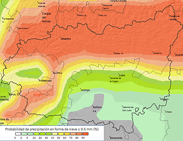 Probabilidad de nieve (0,5 milímetros) el jueves en la provincia de León.