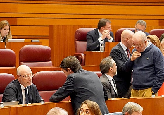 gnacio Sicilia (VOX) conversa con el consejero Juan Carlos Suárez-Quiñones, y el portavoz de Vox, David Hierro, con el procurador de Ciudadanos, Francisco Igea, durante el Pleno de las Cortes de Castilla y León de este 26 de noviembre.