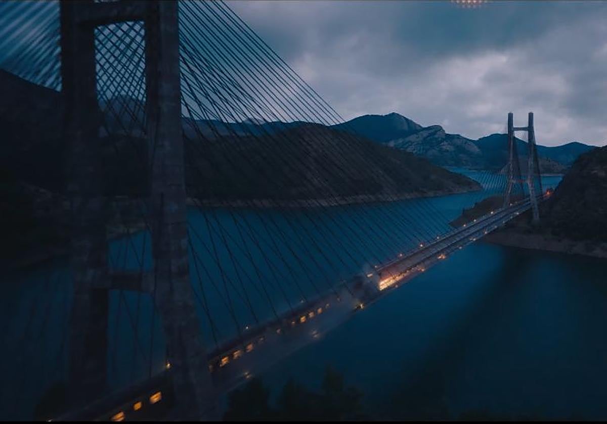 Un frame del tráiler de 'Los Juegos del Hambre: amanecer en la cosecha' donde se ve el puente sobre el embalse de Barrios de Luna.
