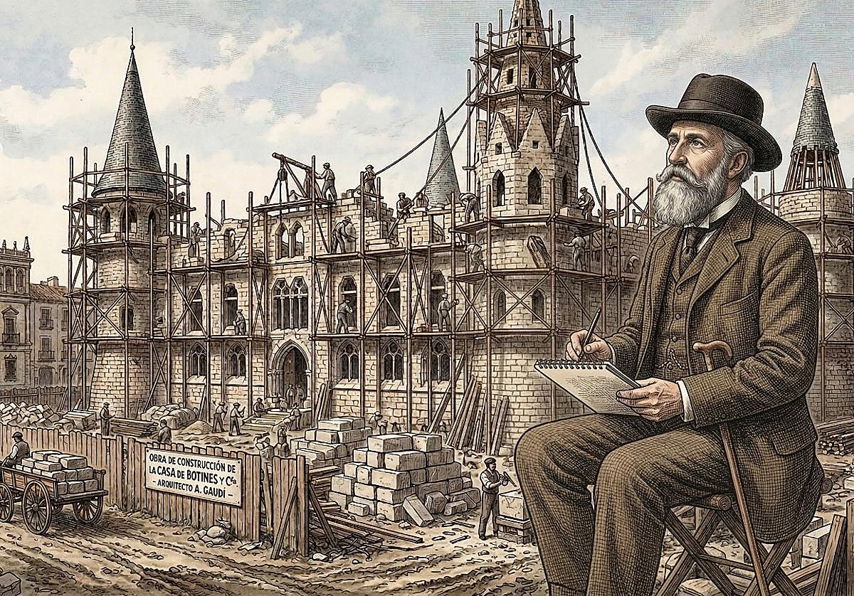 Gaudí en la construcción de Botines en un dibujo realizado con IA.