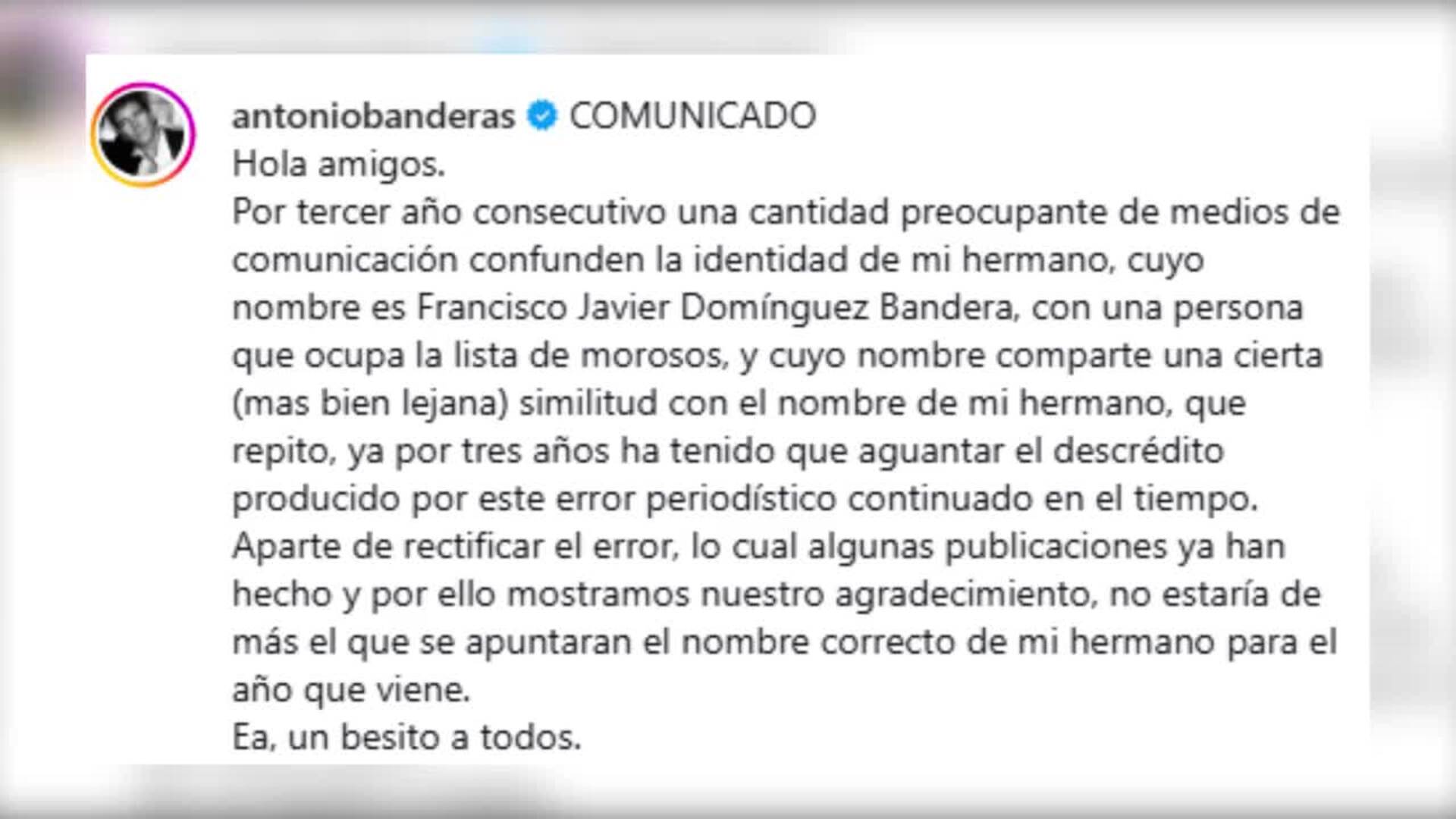 Antonio Banderas emite un comunicado tras la 'aparición' de su hermano en la lista de morosos