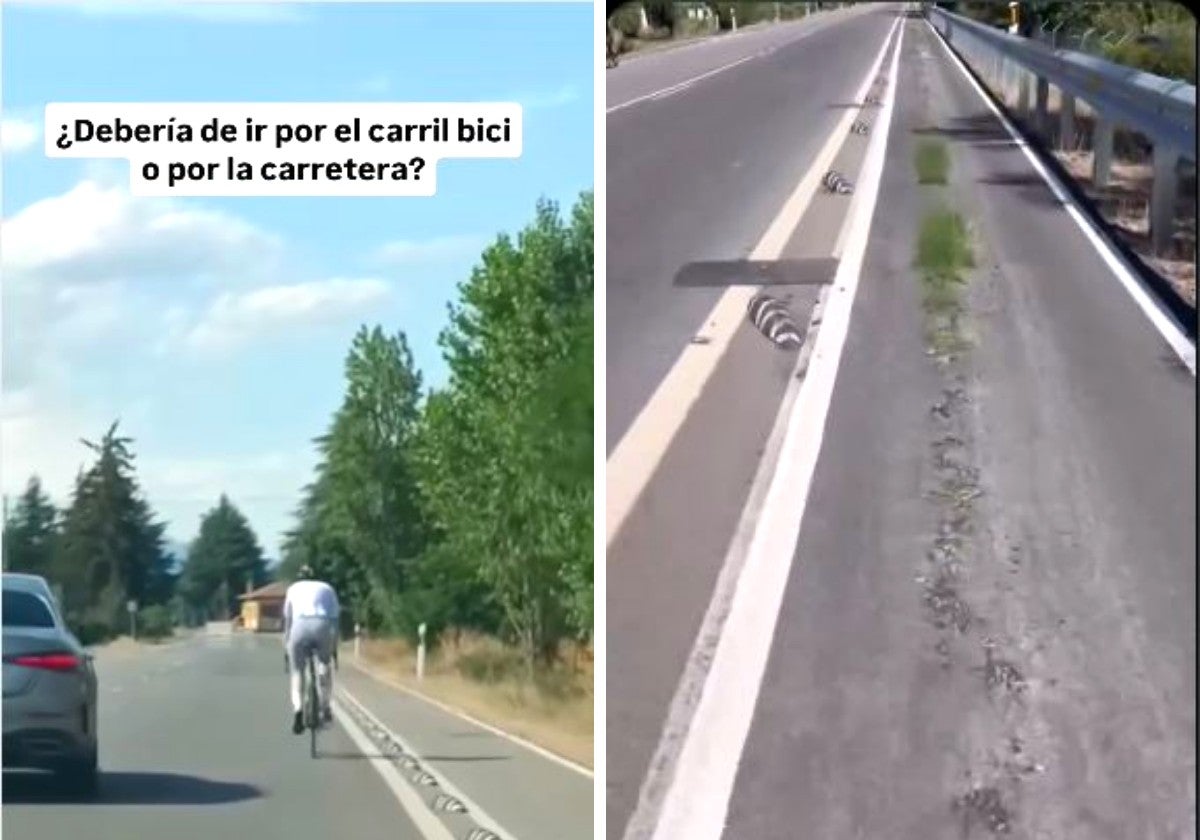Capturas del vídeo polémico y del estado del carril bici de la CL-623.